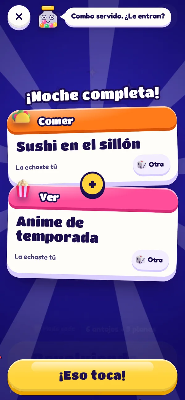 Noche completa: una tarjeta de comida y una de plan