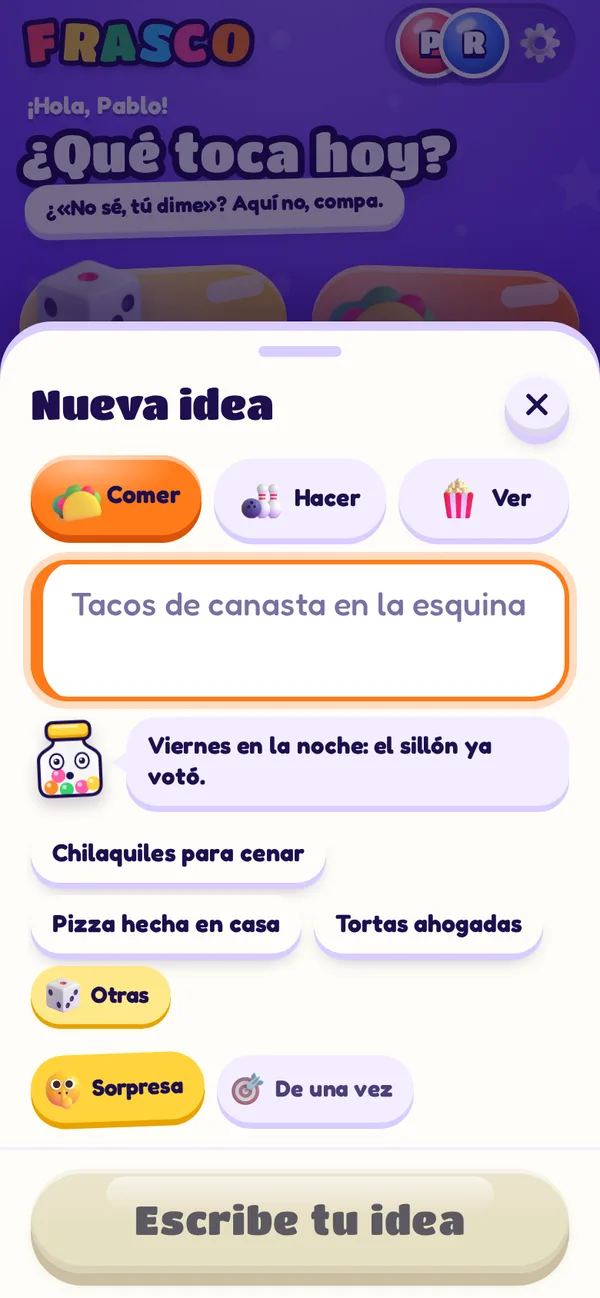 Hoja de «Nueva idea» con la musa sugiriendo ideas