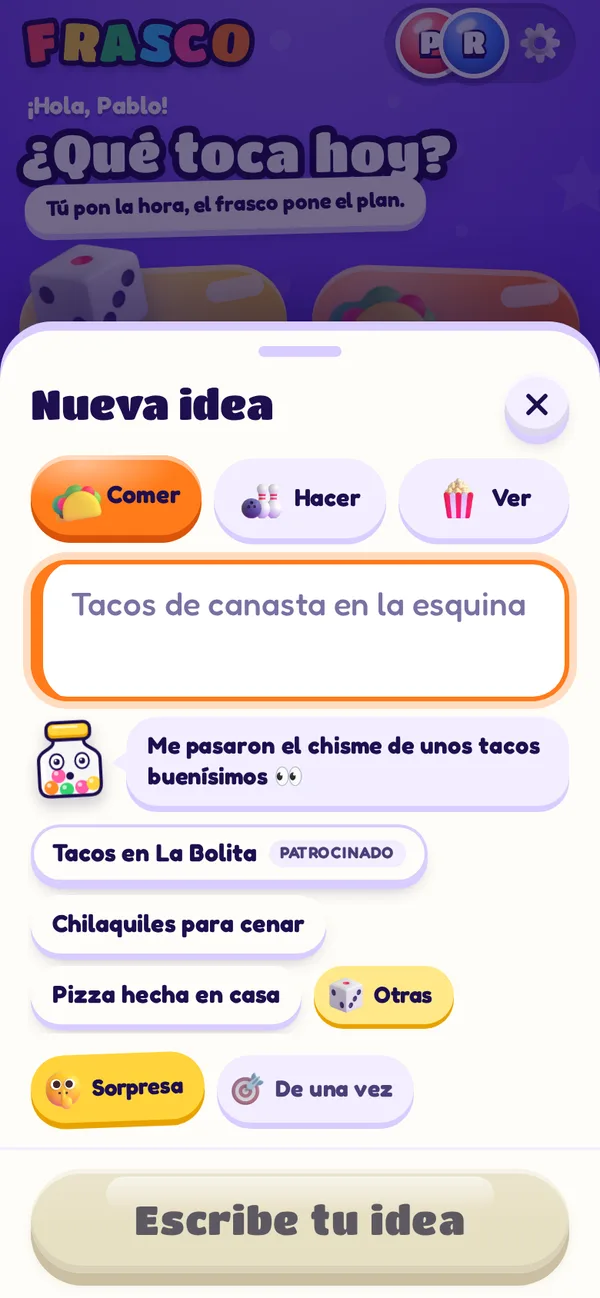 Una sugerencia patrocinada dentro de la musa de Frasco, marcada como «Patrocinado»
